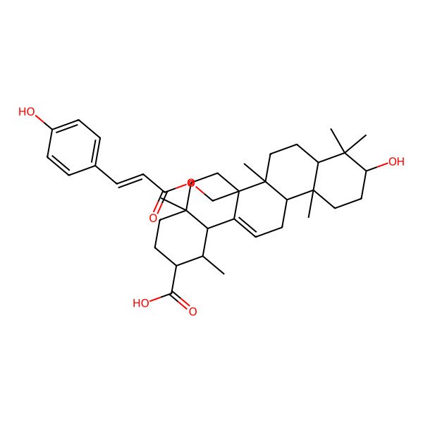 2D Structure of (1R,2R,4aR,6aR,6aR,6bR,8aR,10S,12aR,14bR)-10-hydroxy-6a-[[(Z)-3-(4-hydroxyphenyl)prop-2-enoyl]oxymethyl]-1,4a,6b,9,9,12a-hexamethyl-2,3,4,5,6,6a,7,8,8a,10,11,12,13,14b-tetradecahydro-1H-picene-2-carboxylic acid