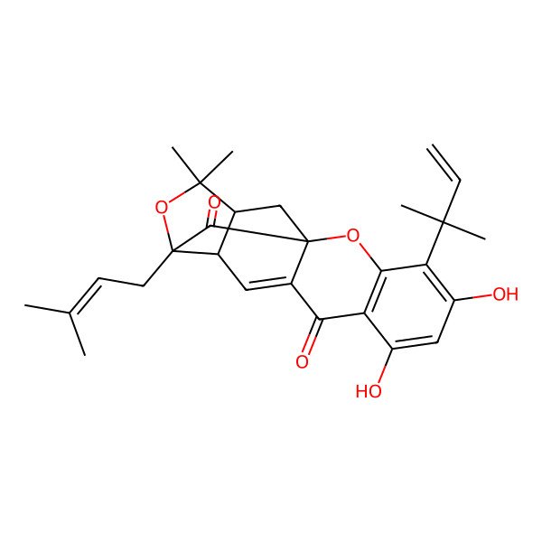 2D Structure of (1R,12S,13R,16R)-5,7-dihydroxy-15,15-dimethyl-4-(2-methylbut-3-en-2-yl)-13-(3-methylbut-2-enyl)-2,14-dioxapentacyclo[11.4.1.01,10.03,8.012,16]octadeca-3(8),4,6,10-tetraene-9,18-dione