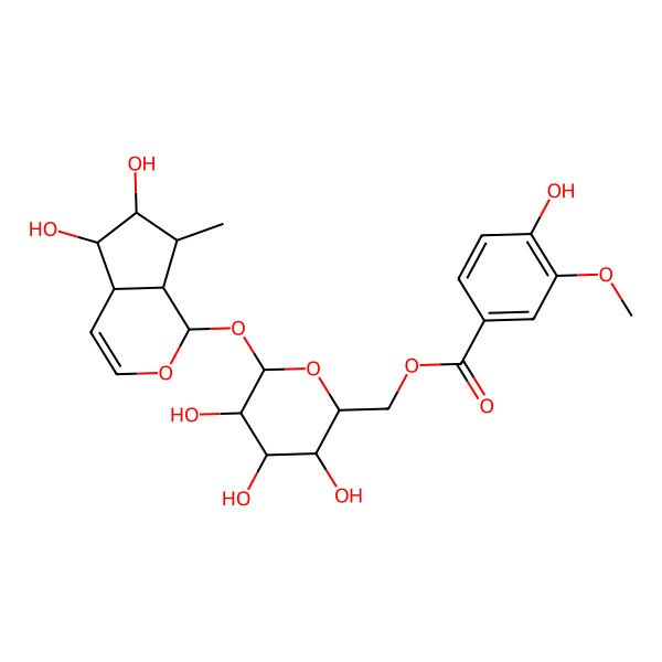 2D Structure of [(2R,3S,4S,5R)-6-[[(1S,4aR,5S,6R,7S,7aR)-5,6-dihydroxy-7-methyl-1,4a,5,6,7,7a-hexahydrocyclopenta[c]pyran-1-yl]oxy]-3,4,5-trihydroxyoxan-2-yl]methyl 4-hydroxy-3-methoxybenzoate
