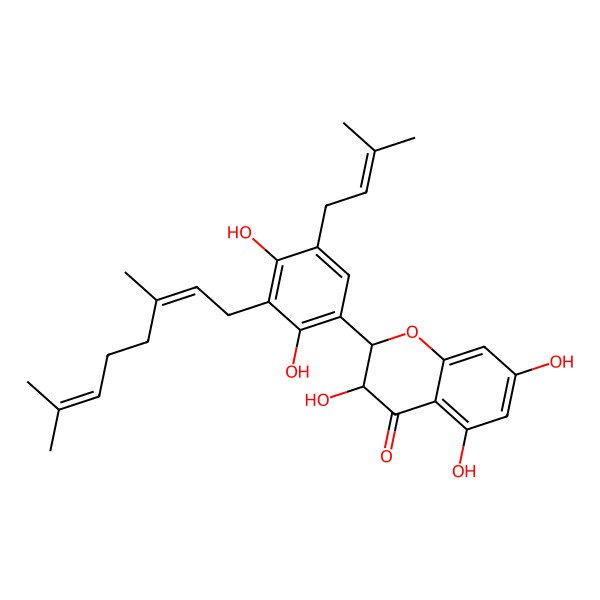 2D Structure of 2-[3-(3,7-Dimethylocta-2,6-dienyl)-2,4-dihydroxy-5-(3-methylbut-2-enyl)phenyl]-3,5,7-trihydroxy-2,3-dihydrochromen-4-one