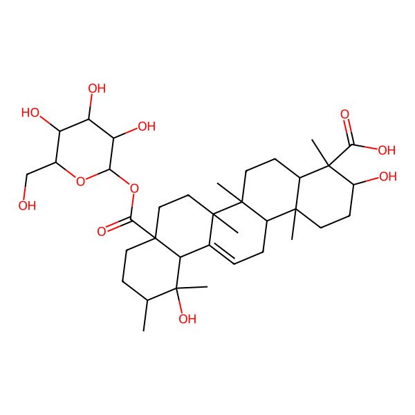 2D Structure of (3R,4S,4aR,6aR,6bS,8aS,11S,12R,12aS,14aR,14bR)-3,12-dihydroxy-4,6a,6b,11,12,14b-hexamethyl-8a-[(2S,3R,4S,5S,6R)-3,4,5-trihydroxy-6-(hydroxymethyl)oxan-2-yl]oxycarbonyl-1,2,3,4a,5,6,7,8,9,10,11,12a,14,14a-tetradecahydropicene-4-carboxylic acid