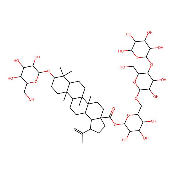 2D Structure of [6-[[3,4-Dihydroxy-6-(hydroxymethyl)-5-(3,4,5,6-tetrahydroxyoxan-2-yl)oxyoxan-2-yl]oxymethyl]-3,4,5-trihydroxyoxan-2-yl] 5a,5b,8,8,11a-pentamethyl-1-prop-1-en-2-yl-9-[3,4,5-trihydroxy-6-(hydroxymethyl)oxan-2-yl]oxy-1,2,3,4,5,6,7,7a,9,10,11,11b,12,13,13a,13b-hexadecahydrocyclopenta[a]chrysene-3a-carboxylate