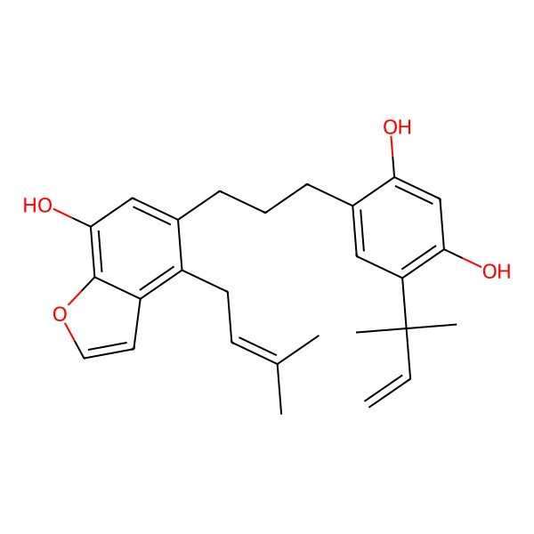 2D Structure of 4-[3-[7-Hydroxy-4-(3-methylbut-2-enyl)-1-benzofuran-5-yl]propyl]-6-(2-methylbut-3-en-2-yl)benzene-1,3-diol