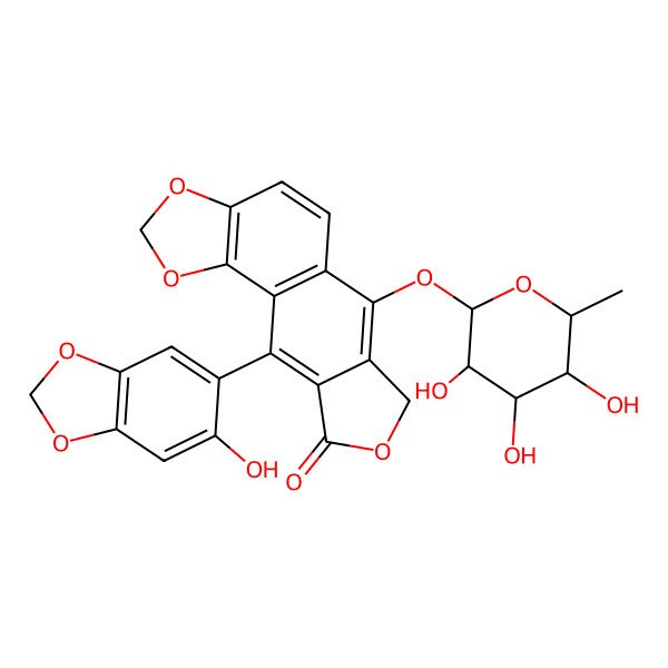 2D Structure of 10-(6-hydroxy-1,3-benzodioxol-5-yl)-6-[(2S,3R,4R,5R,6S)-3,4,5-trihydroxy-6-methyloxan-2-yl]oxy-7H-[2]benzofuro[5,6-g][1,3]benzodioxol-9-one
