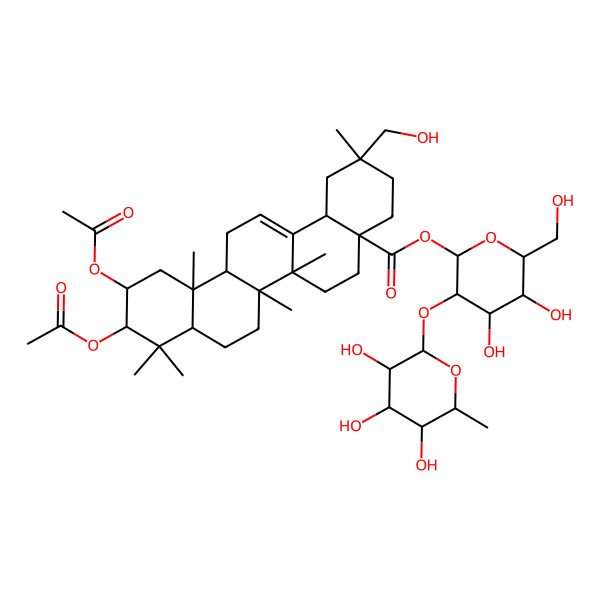 2D Structure of [(2S,3R,4S,5S,6R)-4,5-dihydroxy-6-(hydroxymethyl)-3-[(2S,3R,4R,5R,6S)-3,4,5-trihydroxy-6-methyloxan-2-yl]oxyoxan-2-yl] (2S,4aR,6aR,6aS,6bR,8aR,10R,11R,12aR,14bS)-10,11-diacetyloxy-2-(hydroxymethyl)-2,6a,6b,9,9,12a-hexamethyl-1,3,4,5,6,6a,7,8,8a,10,11,12,13,14b-tetradecahydropicene-4a-carboxylate