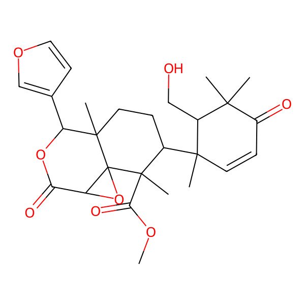 2D Structure of methyl (1aS,4S,4aS,7R,8R,8aR)-4-(furan-3-yl)-7-[(1R,6R)-6-(hydroxymethyl)-1,5,5-trimethyl-4-oxocyclohex-2-en-1-yl]-4a,8-dimethyl-2-oxo-4,5,6,7-tetrahydro-1aH-oxireno[2,3-d]isochromene-8-carboxylate