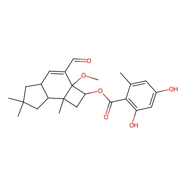 2D Structure of [(2S,2aR,4aS,7aR,7bS)-3-formyl-2a-methoxy-6,6,7b-trimethyl-1,2,4a,5,7,7a-hexahydrocyclobuta[e]inden-2-yl] 2,4-dihydroxy-6-methylbenzoate