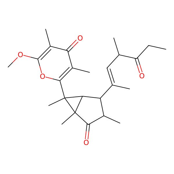 2D Structure of 2-methoxy-3,5-dimethyl-6-[(1S,3S,4R,5S,6S)-1,3,6-trimethyl-4-[(E,4R)-4-methyl-5-oxohept-2-en-2-yl]-2-oxo-6-bicyclo[3.1.0]hexanyl]pyran-4-one