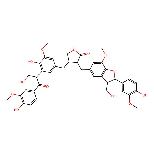 2D Structure of (3R,4R)-4-[[4-hydroxy-3-[3-hydroxy-1-(4-hydroxy-3-methoxyphenyl)-1-oxopropan-2-yl]-5-methoxyphenyl]methyl]-3-[[(2S,3R)-2-(4-hydroxy-3-methoxyphenyl)-3-(hydroxymethyl)-7-methoxy-2,3-dihydro-1-benzofuran-5-yl]methyl]oxolan-2-one