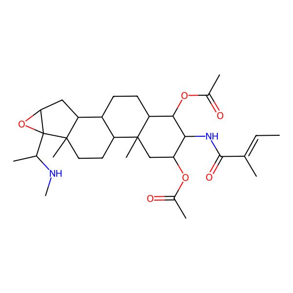 2D Structure of [15-Acetyloxy-7,11-dimethyl-6-[1-(methylamino)ethyl]-14-(2-methylbut-2-enoylamino)-5-oxapentacyclo[8.8.0.02,7.04,6.011,16]octadecan-13-yl] acetate