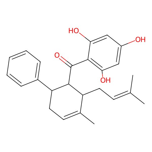 2D Structure of [(1S,2R,6S)-3-methyl-2-(3-methylbut-2-enyl)-6-phenylcyclohex-3-en-1-yl]-(2,4,6-trihydroxyphenyl)methanone