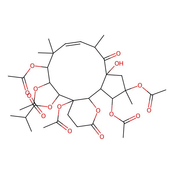 2D Structure of (3,4,12,13,15-Pentaacetyloxy-6-hydroxy-4,8,11,11-tetramethyl-7,18-dioxo-19-oxatricyclo[13.4.0.02,6]nonadec-9-en-14-yl) 2-methylpropanoate