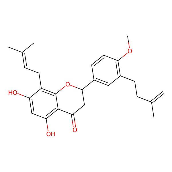 2D Structure of 5,7-Dihydroxy-2-[4-methoxy-3-(3-methylbut-3-enyl)phenyl]-8-(3-methylbut-2-enyl)-2,3-dihydrochromen-4-one