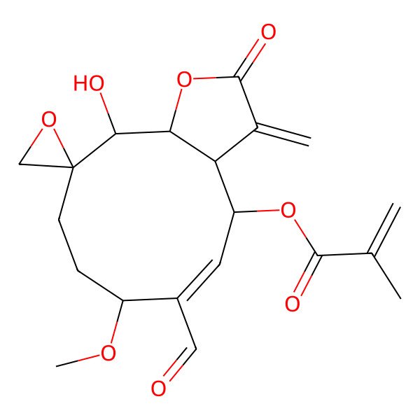 2D Structure of (6-formyl-11-hydroxy-7-methoxy-3-methylidene-2-oxospiro[4,7,8,9,11,11a-hexahydro-3aH-cyclodeca[b]furan-10,2'-oxirane]-4-yl) 2-methylprop-2-enoate