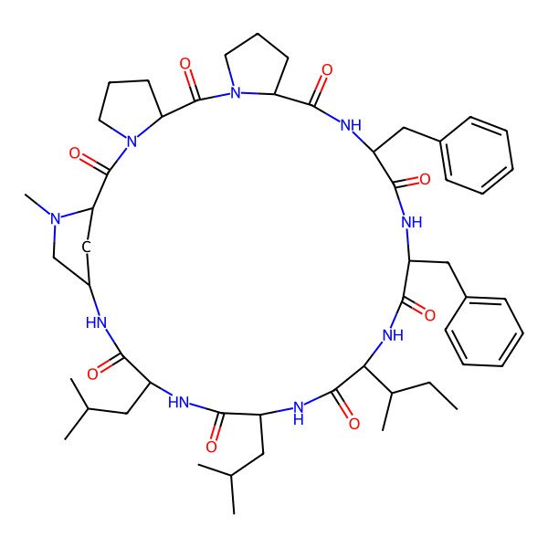 2D Structure of 16,19-Dibenzyl-22-butan-2-yl-33-methyl-25,28-bis(2-methylpropyl)-3,9,15,18,21,24,27,30,33-nonazatetracyclo[29.2.1.03,7.09,13]tetratriacontane-2,8,14,17,20,23,26,29-octone