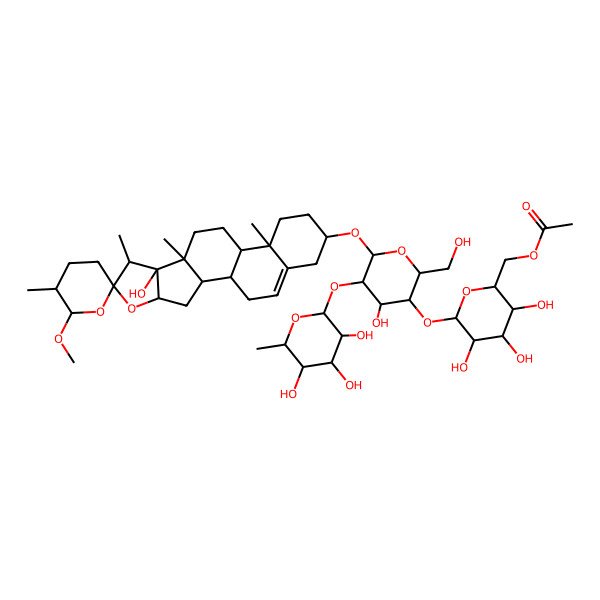 2D Structure of [(2R,3S,4S,5R,6S)-3,4,5-trihydroxy-6-[(2R,3S,4S,5R,6R)-4-hydroxy-6-[(1R,2S,4S,5'R,6S,6'R,7S,8S,9S,12S,13R,16S)-8-hydroxy-6'-methoxy-5',7,9,13-tetramethylspiro[5-oxapentacyclo[10.8.0.02,9.04,8.013,18]icos-18-ene-6,2'-oxane]-16-yl]oxy-2-(hydroxymethyl)-5-[(2S,3R,4R,5R,6S)-3,4,5-trihydroxy-6-methyloxan-2-yl]oxyoxan-3-yl]oxyoxan-2-yl]methyl acetate