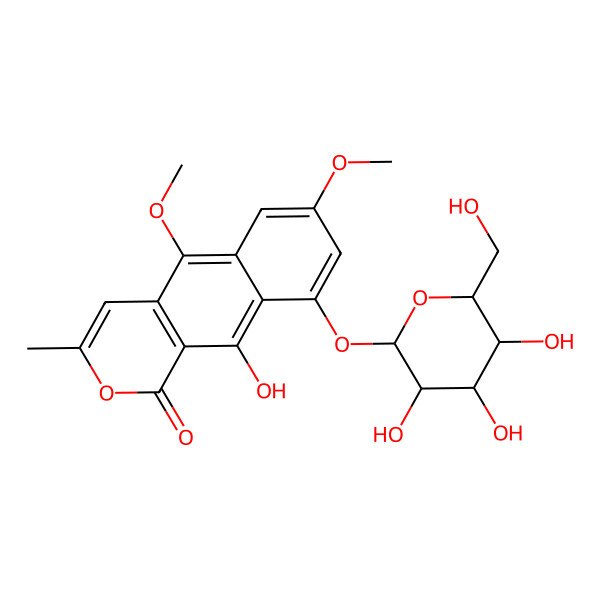 2D Structure of 10-Hydroxy-5,7-dimethoxy-3-methyl-9-[3,4,5-trihydroxy-6-(hydroxymethyl)oxan-2-yl]oxybenzo[g]isochromen-1-one
