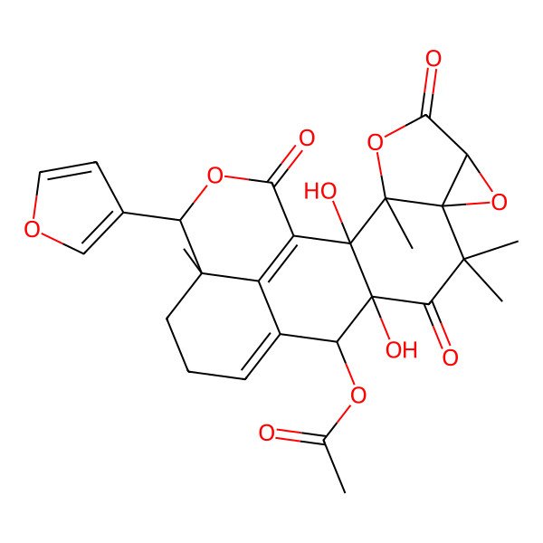 2D Structure of [(2S,3R,6R,8S,11R,12R,18R)-18-(furan-3-yl)-2,11-dihydroxy-3,9,9,17-tetramethyl-5,10,20-trioxo-4,7,19-trioxahexacyclo[11.7.1.02,11.03,8.06,8.017,21]henicosa-1(21),13-dien-12-yl] acetate