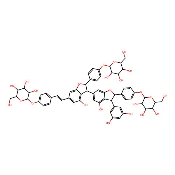 2D Structure of (2S,3R,4S,5S,6R)-2-[4-[(E)-2-[(2R,3R)-3-[(2R,3R)-3-(3,5-dihydroxyphenyl)-4-hydroxy-2-[4-[(2S,3R,4S,5S,6R)-3,4,5-trihydroxy-6-(hydroxymethyl)oxan-2-yl]oxyphenyl]-2,3-dihydro-1-benzofuran-6-yl]-4-hydroxy-2-[4-[(2S,3R,4S,5S,6R)-3,4,5-trihydroxy-6-(hydroxymethyl)oxan-2-yl]oxyphenyl]-2,3-dihydro-1-benzofuran-6-yl]ethenyl]phenoxy]-6-(hydroxymethyl)oxane-3,4,5-triol