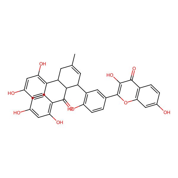 2D Structure of 2-[3-[6-(2,4-Dihydroxybenzoyl)-5-(2,4-dihydroxyphenyl)-3-methylcyclohex-2-en-1-yl]-4-hydroxyphenyl]-3,7-dihydroxychromen-4-one