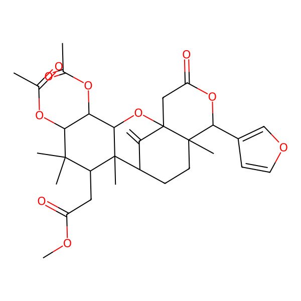 2D Structure of methyl 2-[(1S,3R,4S,5R,7S,8S,9R,12S,13S)-4,5-diacetyloxy-13-(furan-3-yl)-6,6,8,12-tetramethyl-17-methylidene-15-oxo-2,14-dioxatetracyclo[7.7.1.01,12.03,8]heptadecan-7-yl]acetate