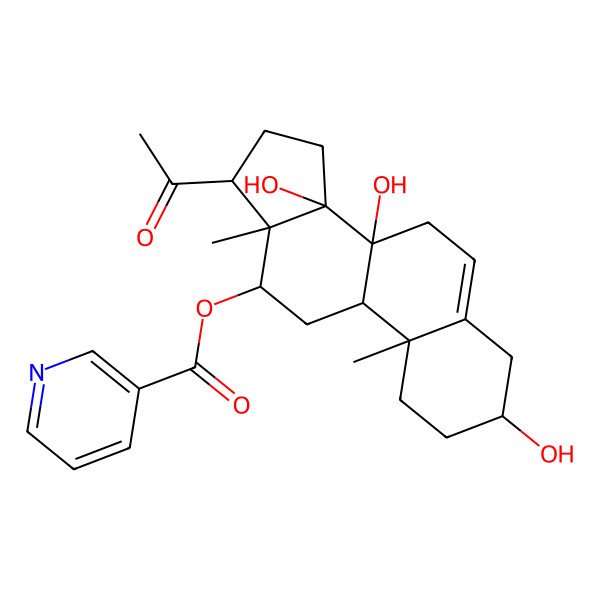 2D Structure of [(3S,8S,9R,10R,12R,13S,14R,17R)-17-acetyl-3,8,14-trihydroxy-10,13-dimethyl-2,3,4,7,9,11,12,15,16,17-decahydro-1H-cyclopenta[a]phenanthren-12-yl] pyridine-3-carboxylate