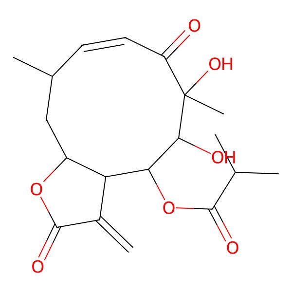 2D Structure of [(3aR,4S,5R,6R,8Z,10R,11aR)-5,6-dihydroxy-6,10-dimethyl-3-methylidene-2,7-dioxo-3a,4,5,10,11,11a-hexahydrocyclodeca[b]furan-4-yl] 2-methylpropanoate