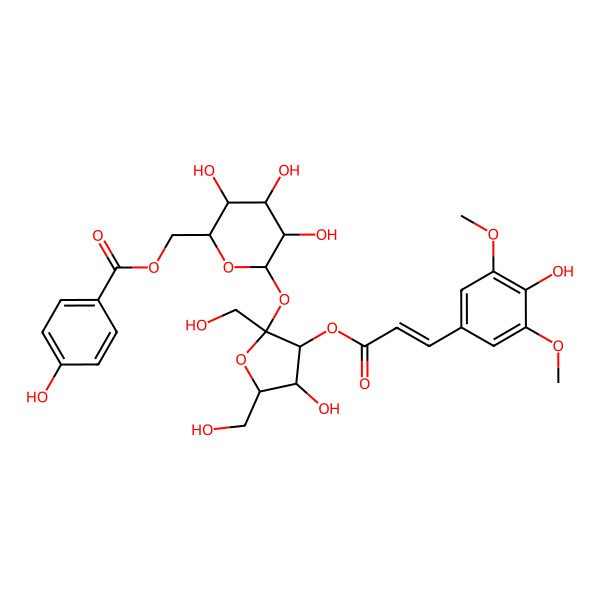 2D Structure of [3,4,5-Trihydroxy-6-[4-hydroxy-3-[3-(4-hydroxy-3,5-dimethoxyphenyl)prop-2-enoyloxy]-2,5-bis(hydroxymethyl)oxolan-2-yl]oxyoxan-2-yl]methyl 4-hydroxybenzoate