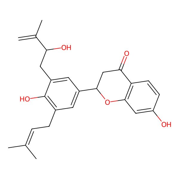 2D Structure of 7-Hydroxy-2-[4-hydroxy-3-(2-hydroxy-3-methylbut-3-enyl)-5-(3-methylbut-2-enyl)phenyl]-2,3-dihydrochromen-4-one