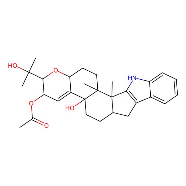 2D Structure of 4bH-1-Benzopyrano[5',6':6,7]indeno[1,2-b]indole-3,4b-diol, 2,3,5,6,6a,7,12,12b,12c,13,14,14a-dodecahydro-2-(1-hydroxy-1-methylethyl)-12b,12c-dimethyl-, 3-acetate, [2S-(2alpha,3alpha,4bbeta,6aalpha,12bbeta,12calpha,14abeta)]-