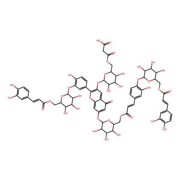 2D Structure of 3-[[(2R,3S,4S,5R,6S)-6-[2-[3-[(2S,3R,4S,5S,6R)-6-[3-(3,4-dihydroxyphenyl)prop-2-enoyloxymethyl]-3,4,5-trihydroxyoxan-2-yl]oxy-4-hydroxyphenyl]-7-[(2S,3R,4S,5S,6R)-6-[[(E)-3-[4-[(2S,3R,4S,5S,6R)-6-[3-(3,4-dihydroxyphenyl)prop-2-enoyloxymethyl]-3,4,5-trihydroxyoxan-2-yl]oxy-3-hydroxyphenyl]prop-2-enoyl]oxymethyl]-3,4,5-trihydroxyoxan-2-yl]oxy-5-oxochromen-3-yl]oxy-3,4,5-trihydroxyoxan-2-yl]methoxy]-3-oxopropanoic acid