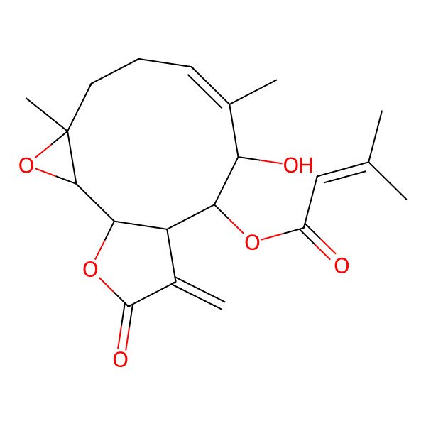 2D Structure of (9-Hydroxy-4,8-dimethyl-12-methylidene-13-oxo-3,14-dioxatricyclo[9.3.0.02,4]tetradec-7-en-10-yl) 3-methylbut-2-enoate