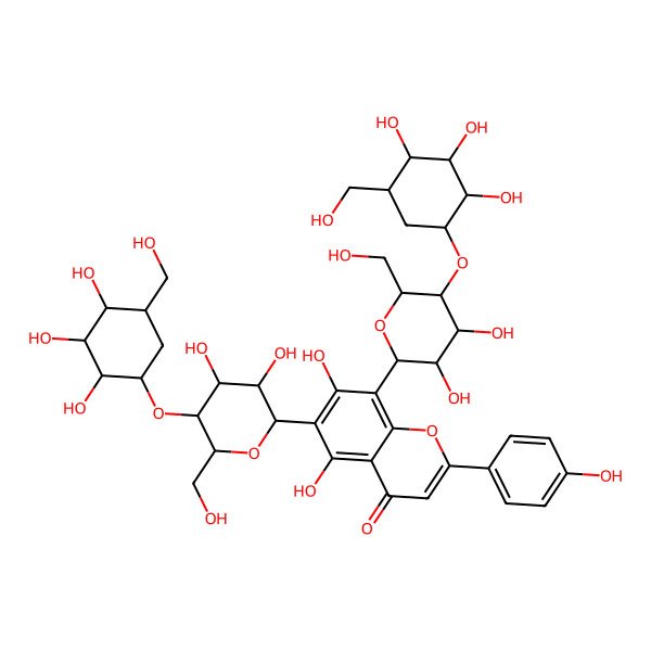 2D Structure of 6,8-bis[(3R,4R,5S,6R)-3,4-dihydroxy-6-(hydroxymethyl)-5-[(2R,3S,4R,5R)-2,3,4-trihydroxy-5-(hydroxymethyl)cyclohexyl]oxyoxan-2-yl]-5,7-dihydroxy-2-(4-hydroxyphenyl)chromen-4-one