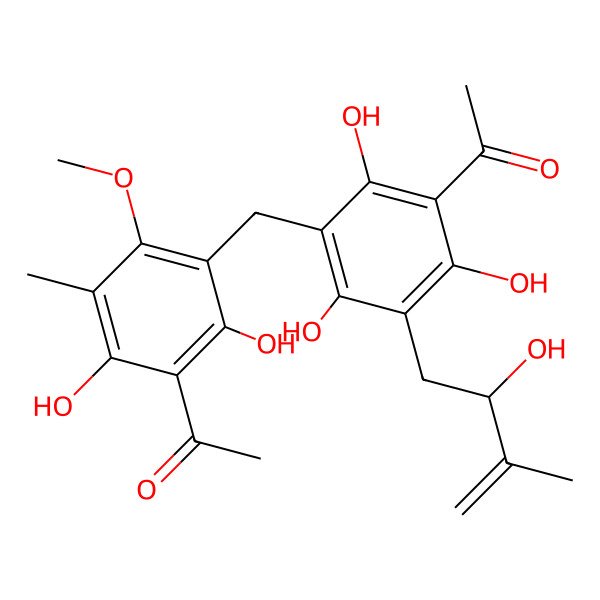 2D Structure of 1-[3-[[3-Acetyl-2,4,6-trihydroxy-5-(2-hydroxy-3-methyl-but-3-enyl)phenyl]methyl]-2,6-dihydroxy-4-methoxy-5-methyl-phenyl]ethanone