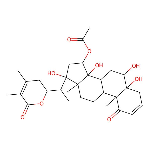 2D Structure of [17-[1-(4,5-dimethyl-6-oxo-2,3-dihydropyran-2-yl)ethyl]-5,6,14,17-tetrahydroxy-10,13-dimethyl-1-oxo-6,7,8,9,11,12,15,16-octahydro-4H-cyclopenta[a]phenanthren-15-yl] acetate
