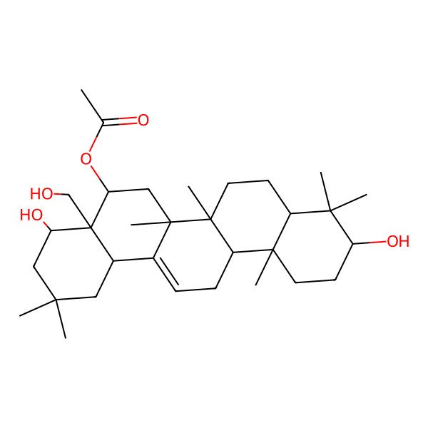 2D Structure of [4,10-Dihydroxy-4a-(hydroxymethyl)-2,2,6a,6b,9,9,12a-heptamethyl-1,3,4,5,6,6a,7,8,8a,10,11,12,13,14b-tetradecahydropicen-5-yl] acetate