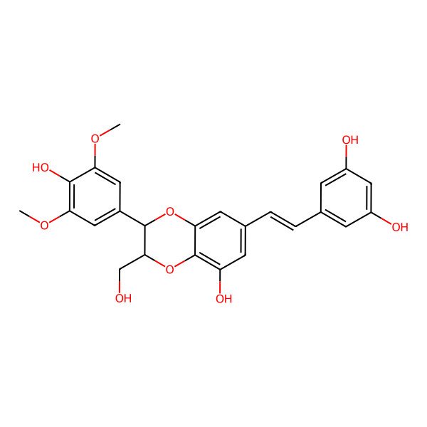2D Structure of 5-[(E)-2-[(2S,3S)-5-hydroxy-2-(4-hydroxy-3,5-dimethoxyphenyl)-3-(hydroxymethyl)-2,3-dihydro-1,4-benzodioxin-7-yl]ethenyl]benzene-1,3-diol