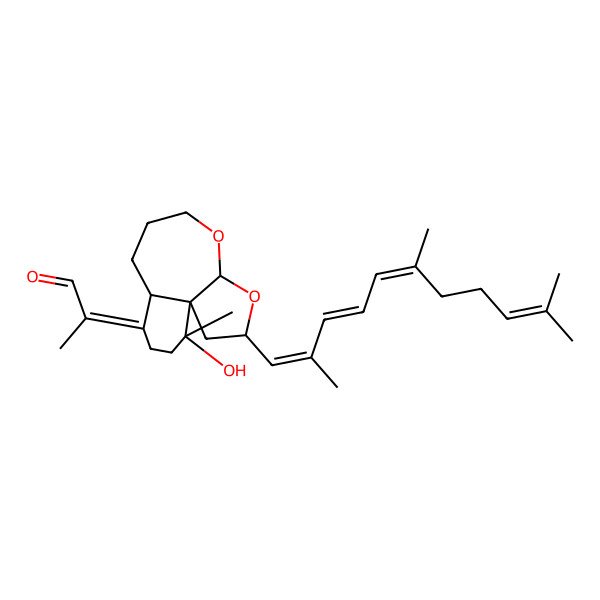 2D Structure of (2E)-2-[(1R,3S,5R,10R,14S)-14-hydroxy-14-methyl-3-[(1E,3E,5E)-2,6,10-trimethylundeca-1,3,5,9-tetraenyl]-4,6-dioxatricyclo[8.4.0.01,5]tetradecan-11-ylidene]propanal