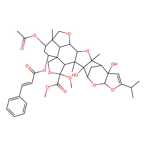 2D Structure of methyl (1S,4S,5R,6S,7R,8S,10S,14S,15S,16R,18S,19R,22R,23R,25S,26S)-23-acetyloxy-7,14-dihydroxy-4-methoxy-6,16,22-trimethyl-25-[(E)-3-phenylprop-2-enoyl]oxy-12-propan-2-yl-3,9,11,17,20-pentaoxaoctacyclo[17.6.1.18,15.01,5.06,18.07,16.010,14.022,26]heptacos-12-ene-4-carboxylate