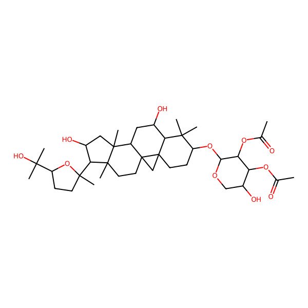 2D Structure of [(2S,3R,4S,5R)-3-acetyloxy-2-[[(1S,3R,6S,8R,9S,11S,12S,14S,15R,16R)-9,14-dihydroxy-15-[(2R,5S)-5-(2-hydroxypropan-2-yl)-2-methyloxolan-2-yl]-7,7,12,16-tetramethyl-6-pentacyclo[9.7.0.01,3.03,8.012,16]octadecanyl]oxy]-5-hydroxyoxan-4-yl] acetate