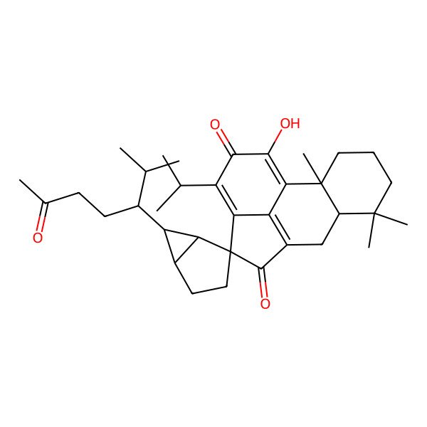 2D Structure of 1-hydroxy-7,7,10a-trimethyl-6'-(2-methyl-6-oxoheptan-3-yl)-3-propan-2-ylspiro[6a,8,9,10-tetrahydro-6H-acephenanthrylene-4,2'-bicyclo[3.1.0]hexane]-2,5-dione
