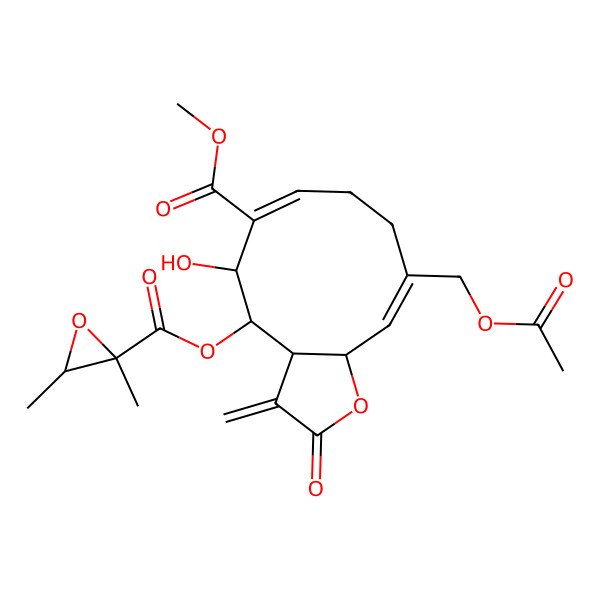 2D Structure of methyl (3aR,4S,5S,6E,10Z,11aS)-10-(acetyloxymethyl)-4-[(2R,3R)-2,3-dimethyloxirane-2-carbonyl]oxy-5-hydroxy-3-methylidene-2-oxo-3a,4,5,8,9,11a-hexahydrocyclodeca[b]furan-6-carboxylate