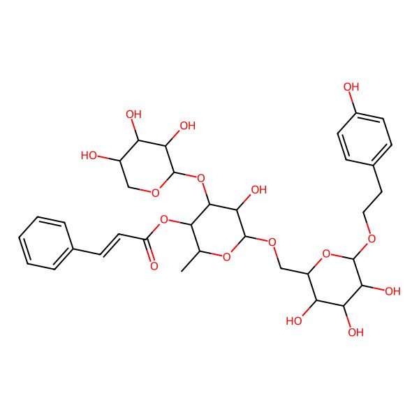 2D Structure of I(2)-D-Glucopyranoside, 2-(4-hydroxyphenyl)ethyl O-I(2)-D-xylopyranosyl-(1a3)-O-6-deoxy-4-O-[(2E)-1-oxo-3-phenyl-2-propenyl]-I+/--L-mannopyranosyl-(1a6)-