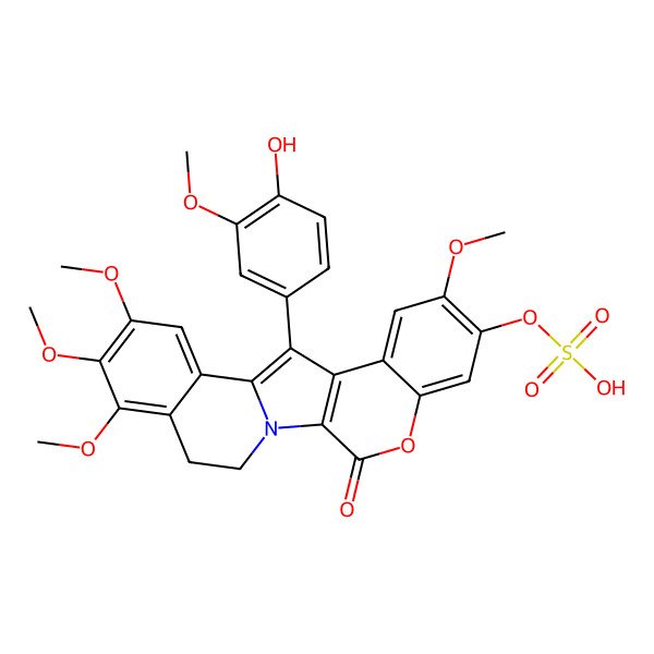 2D Structure of [12-(4-Hydroxy-3-methoxyphenyl)-8,16,17,18-tetramethoxy-3-oxo-4-oxa-1-azapentacyclo[11.8.0.02,11.05,10.014,19]henicosa-2(11),5,7,9,12,14,16,18-octaen-7-yl] hydrogen sulfate