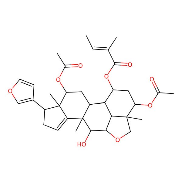 2D Structure of [(1R,2R,4S,5S,6S,10R,11S,12R,15R,16R,18S,19R)-4,16-diacetyloxy-6-(furan-3-yl)-11-hydroxy-1,5,10,15-tetramethyl-13-oxapentacyclo[10.6.1.02,10.05,9.015,19]nonadec-8-en-18-yl] (Z)-2-methylbut-2-enoate