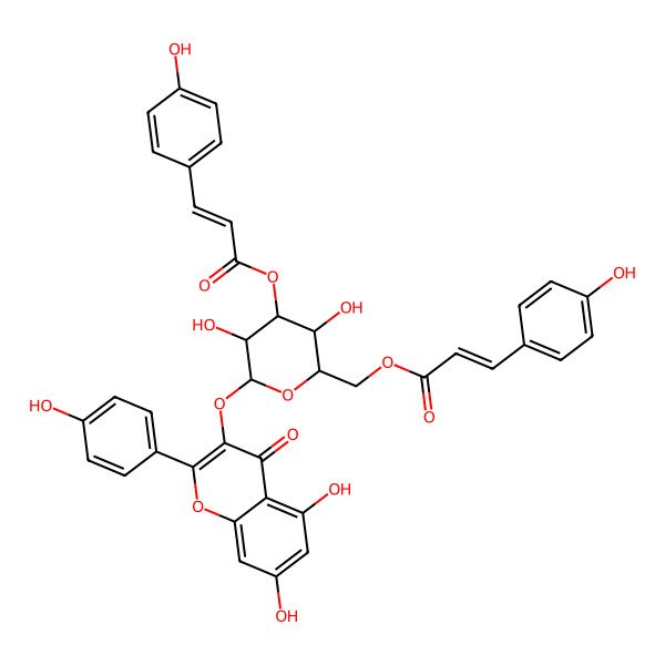 2D Structure of [(2R,3R,4S,5R,6S)-6-[5,7-dihydroxy-2-(4-hydroxyphenyl)-4-oxochromen-3-yl]oxy-3,5-dihydroxy-4-[(Z)-3-(4-hydroxyphenyl)prop-2-enoyl]oxyoxan-2-yl]methyl (E)-3-(4-hydroxyphenyl)prop-2-enoate