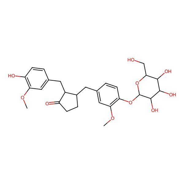 2D Structure of trans-(2S,3S)-2-[(4-hydroxy-3-methoxyphenyl)methyl]-3-[[3-methoxy-4-[(2S,3R,4S,5S,6R)-3,4,5-trihydroxy-6-(hydroxymethyl)oxan-2-yl]oxyphenyl]methyl]cyclopentan-1-one