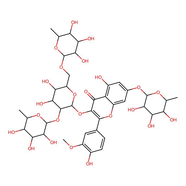 2D Structure of 3-[(2S,3R,4S,5R,6S)-4,5-dihydroxy-3-[(2S,3S,4R,5R,6S)-3,4,5-trihydroxy-6-methyloxan-2-yl]oxy-6-[[(2S,3S,4R,5R,6S)-3,4,5-trihydroxy-6-methyloxan-2-yl]oxymethyl]oxan-2-yl]oxy-5-hydroxy-2-(4-hydroxy-3-methoxyphenyl)-7-[(2S,3S,4R,5R,6S)-3,4,5-trihydroxy-6-methyloxan-2-yl]oxychromen-4-one