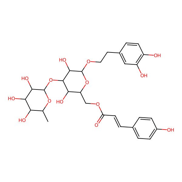 2D Structure of [(2R,3R,4S,5R,6R)-6-[2-(3,4-dihydroxyphenyl)ethoxy]-3,5-dihydroxy-4-[(2S,3R,4R,5R,6S)-3,4,5-trihydroxy-6-methyloxan-2-yl]oxyoxan-2-yl]methyl (E)-3-(4-hydroxyphenyl)prop-2-enoate
