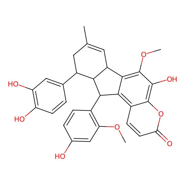 2D Structure of (6bS,10S,10aS,11R)-10-(3,4-dihydroxyphenyl)-5-hydroxy-11-(4-hydroxy-2-methoxyphenyl)-6-methoxy-8-methyl-9,10,10a,11-tetrahydro-6bH-indeno[2,1-f]chromen-3-one